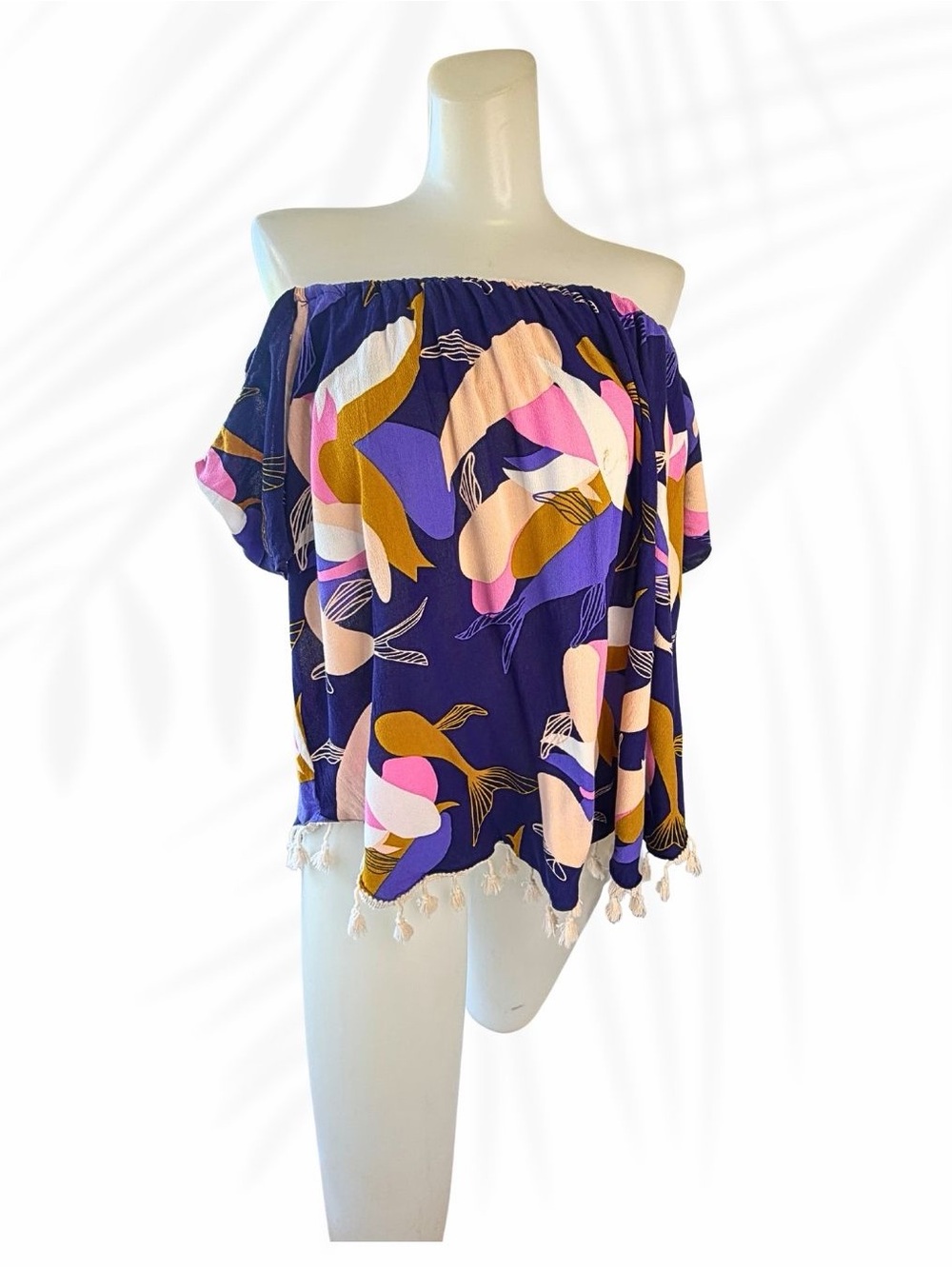 AVA SKY Honolulu Hawaii Whale Print Off-the-Shoulder Tassel Top size M